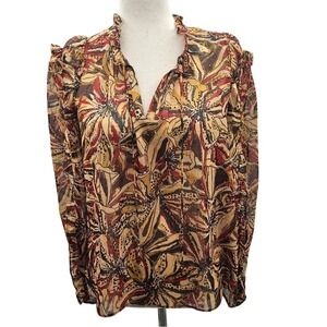 Joie‎ Floral Print Sheer Blouse Ruffle Neck Long Sleeve Bohemian Chic Top